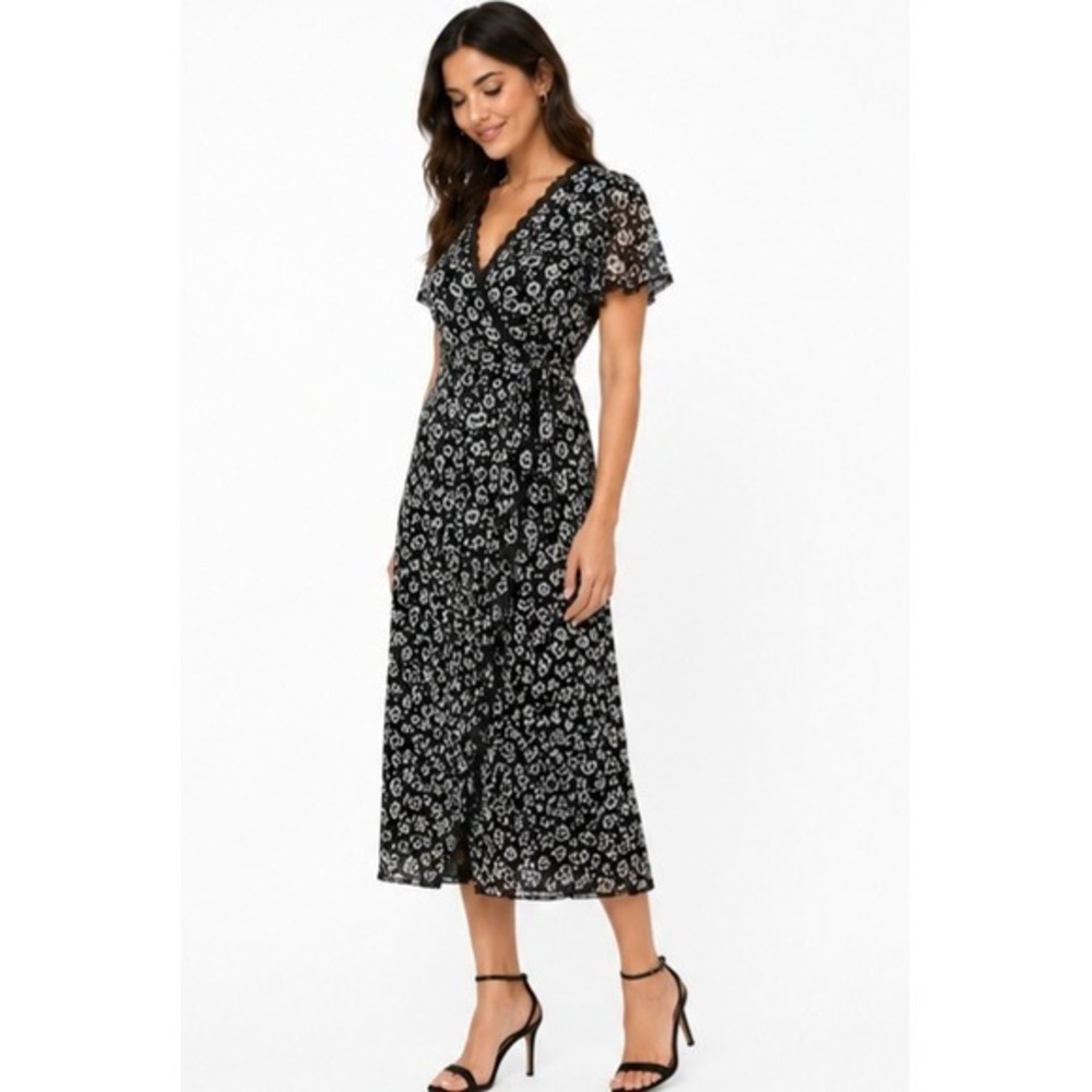 DKNY Black White Floral Faux Wrap Ruffle Midi Dress NWT Size 8‎ DDOE154